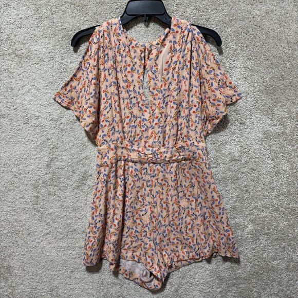 Free People Romper Women's 6 Peach Printed Short One Piece Split Sleeve Playsuit - Picture 2 of 14
